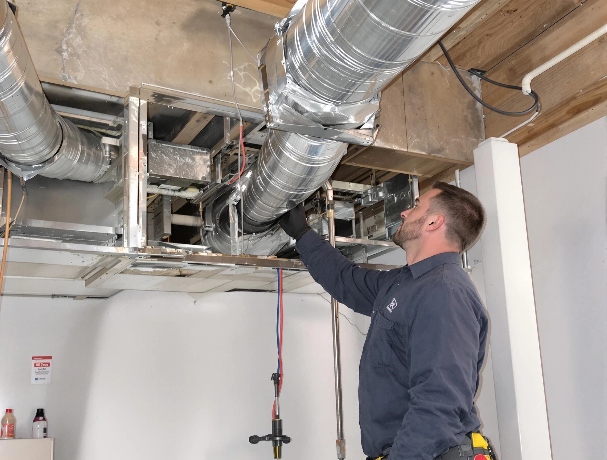 Plain City Air Duct Cleaning technician performing professional air duct repair using specialized tools in Plain City