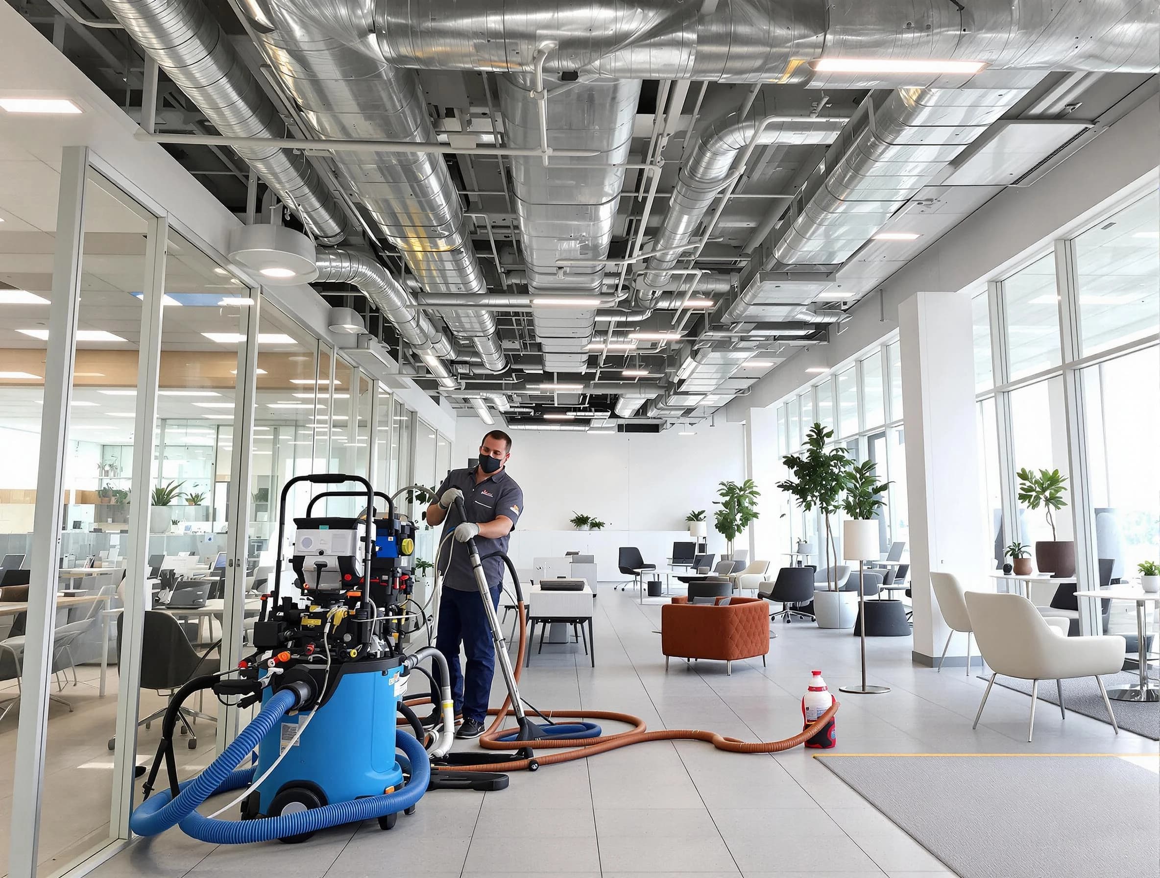 Plain City Air Duct Cleaning team conducting comprehensive commercial duct cleaning at a business location in Plain City