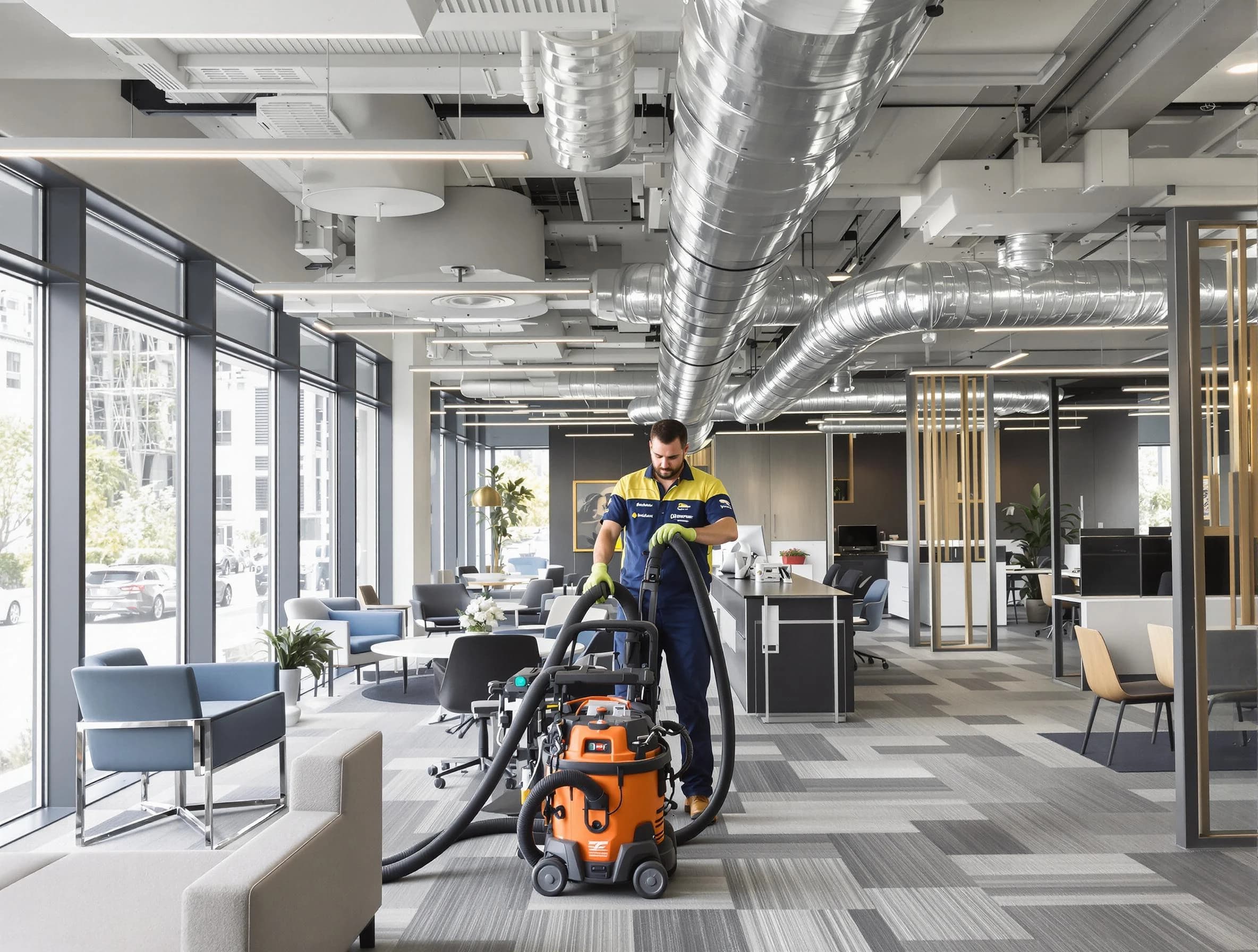 Plain City Air Duct Cleaning team performing thorough commercial duct cleaning at a Plain City business center