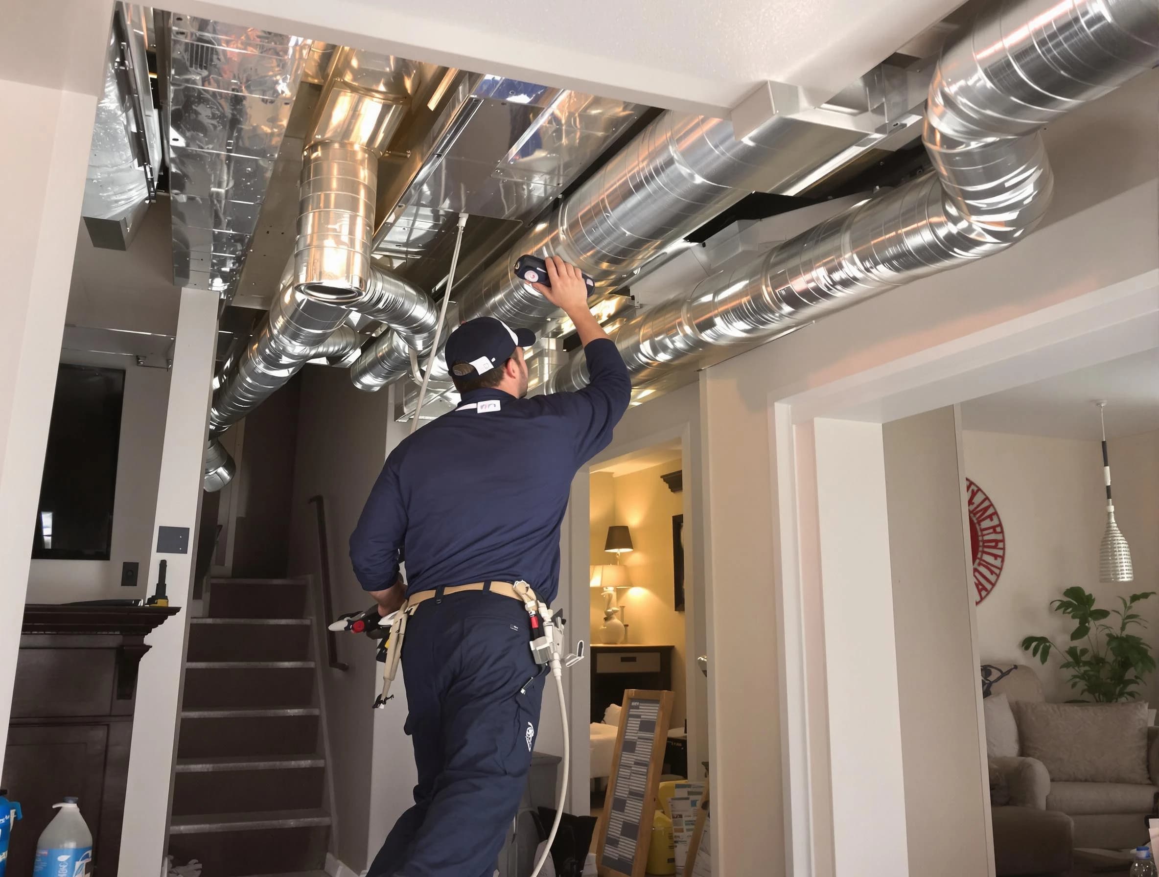 Plain City Air Duct Cleaning expert performing specialized duct cleaning in a mobile home in Plain City